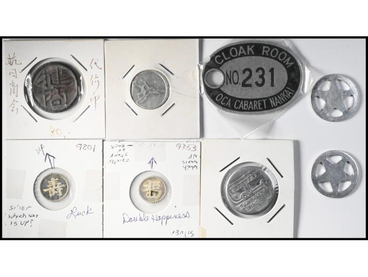 including a Ministry of Posts and Telecommunications telephone token, a Cloak Room O.C.A. Cabaret Nankai entertainment token,