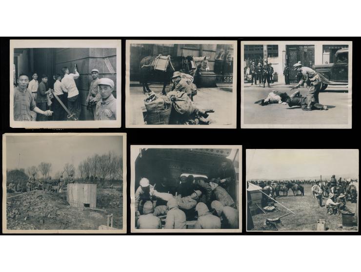 depicting soldiers in action, foreign correspondents, devastated urban areas, and scenes of daily life amid wartime hardship.