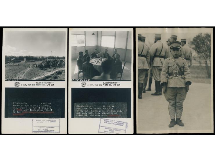 including a portrait of a young boy in military uniform, a 1927 news agency caption slip mentioning General Feng Yuxiang and 