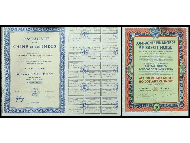 comprising a 50 Chinese Dollars share of the Compagnie Financière Belgo-Chinoise (Belgium, 1926) and a 500 Francs share of th